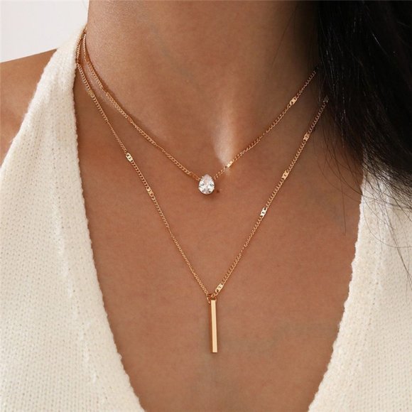 Layered Teardrop and Drop Bar Cubic Zirconia Gold Necklace Set - Picture 1 of 6